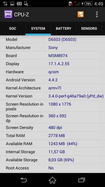 Sony Xperia Z2 system information: memory, OS and display 