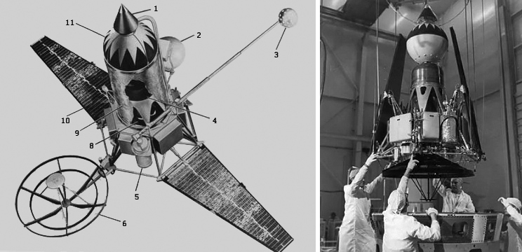  Установка Ranger Block II на переходник: 1 – малонаправенная антенна; 2 – антенна радиовысотомера; 3 – гамма-спектрометр; 4 – тормозной ракетный двигатель; 5 – телекамера; 6 – остронаправленная антенна; 8 – корректирующая двигательная установка; 9 – теплозащитный чехол; 10 – панели солнечных батарей; 11 – капсула с магнитометром 