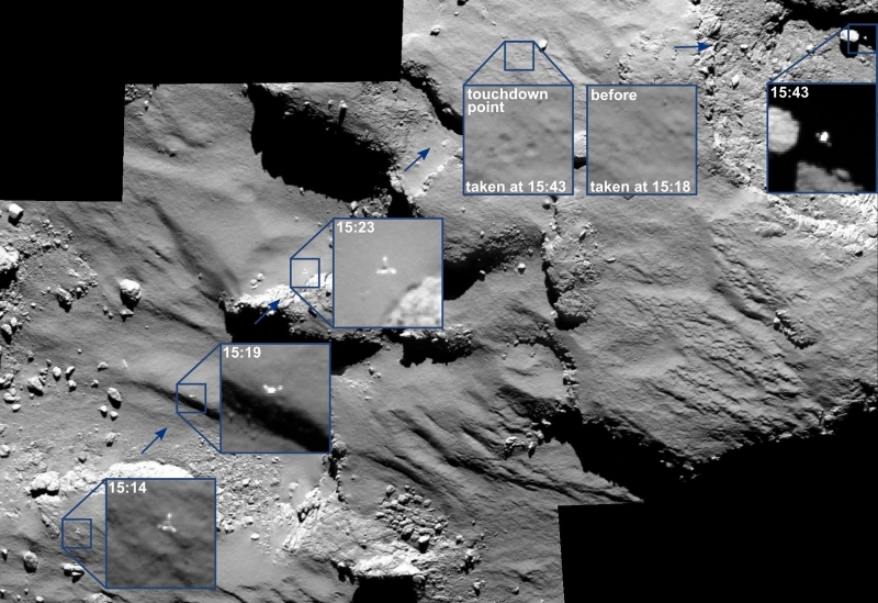  Мозаика снимков камеры OSIRIS, показывающая перемещение Philae по ядру кометы при посадке 