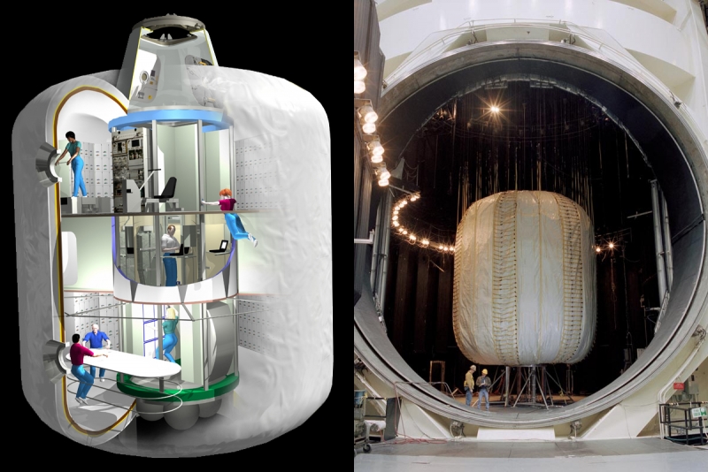  Устройство TransHab в представлении художника (слева) и тестовый экземпляр модуля в тепловакуумной камере Космического центра имени Джонсона (NASA). Графика с сайта 